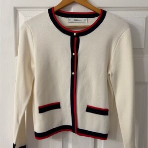 Zara Cream Cardigan with Navy and Red Trim